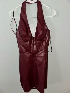 Windsor Burgundy Faux Leather Halter Mini Dress